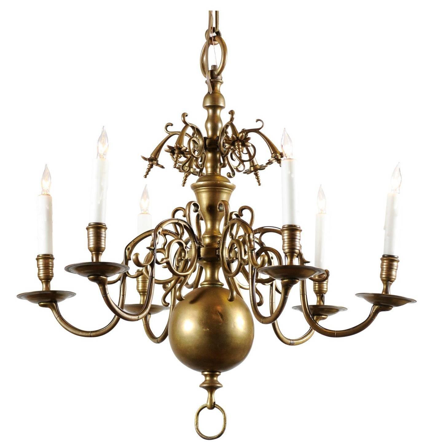 Small Dutch Brass Chandelier with Six Lights, Early 19th Century