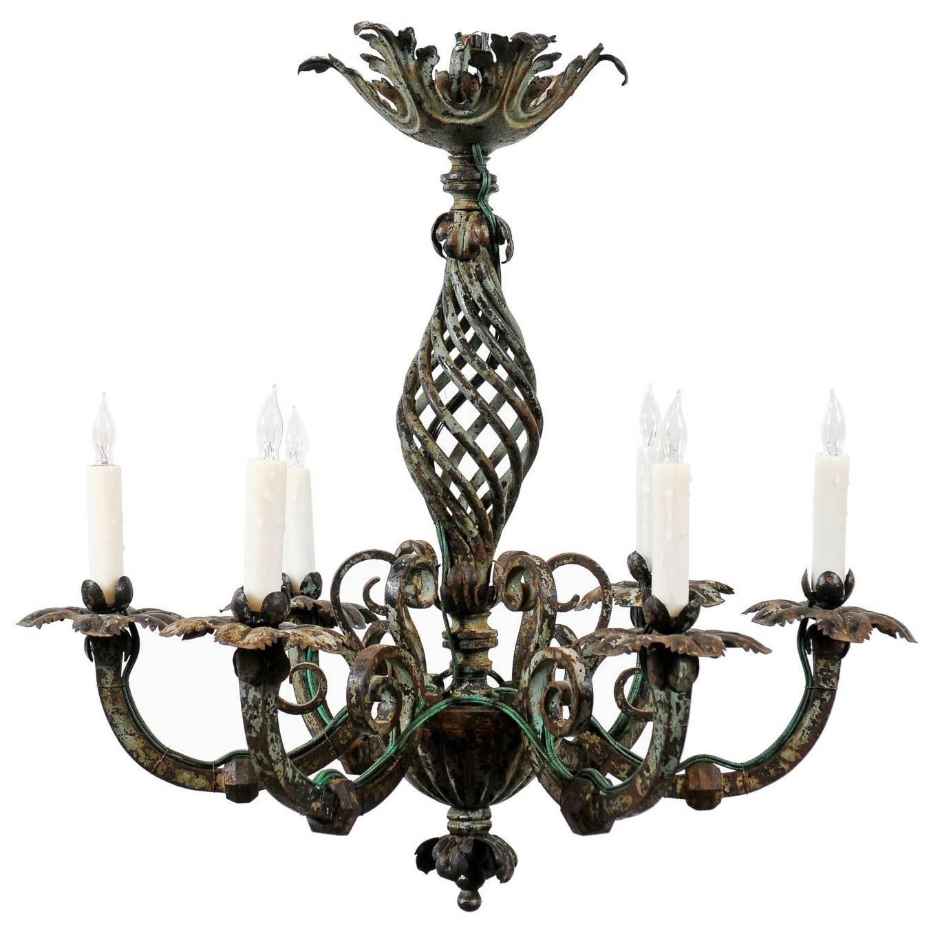French Iron Painted Chandelier with Scroll Detail and Six Lights, circa 1890