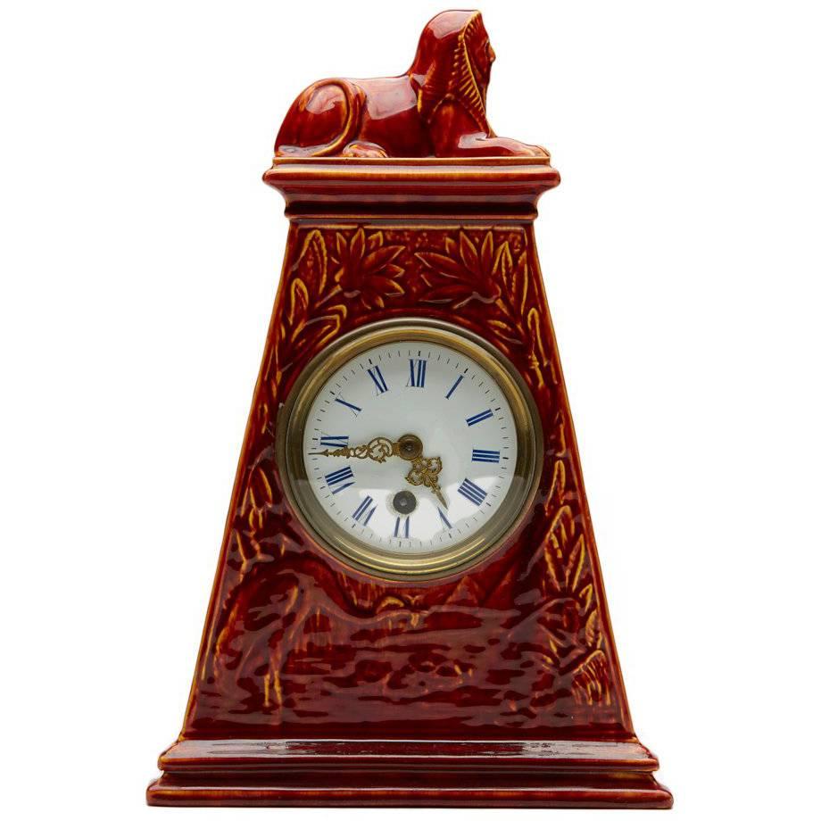 Burmantofts Faience Mantle Clock with Sphinx For Sale