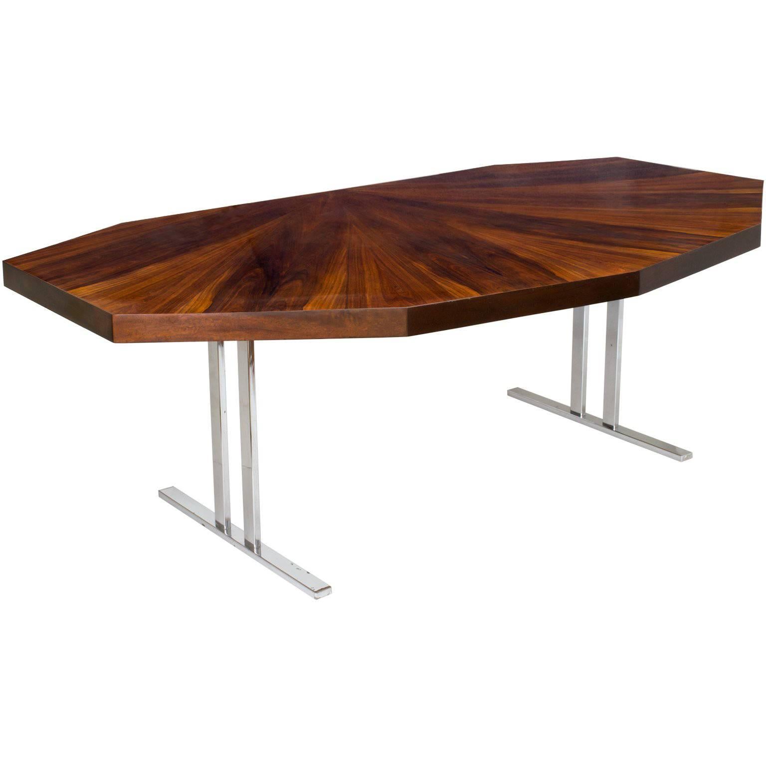 Scandinavian Modern Rosewood Dining Table with Nine Angled Sides on Chrome Legs 