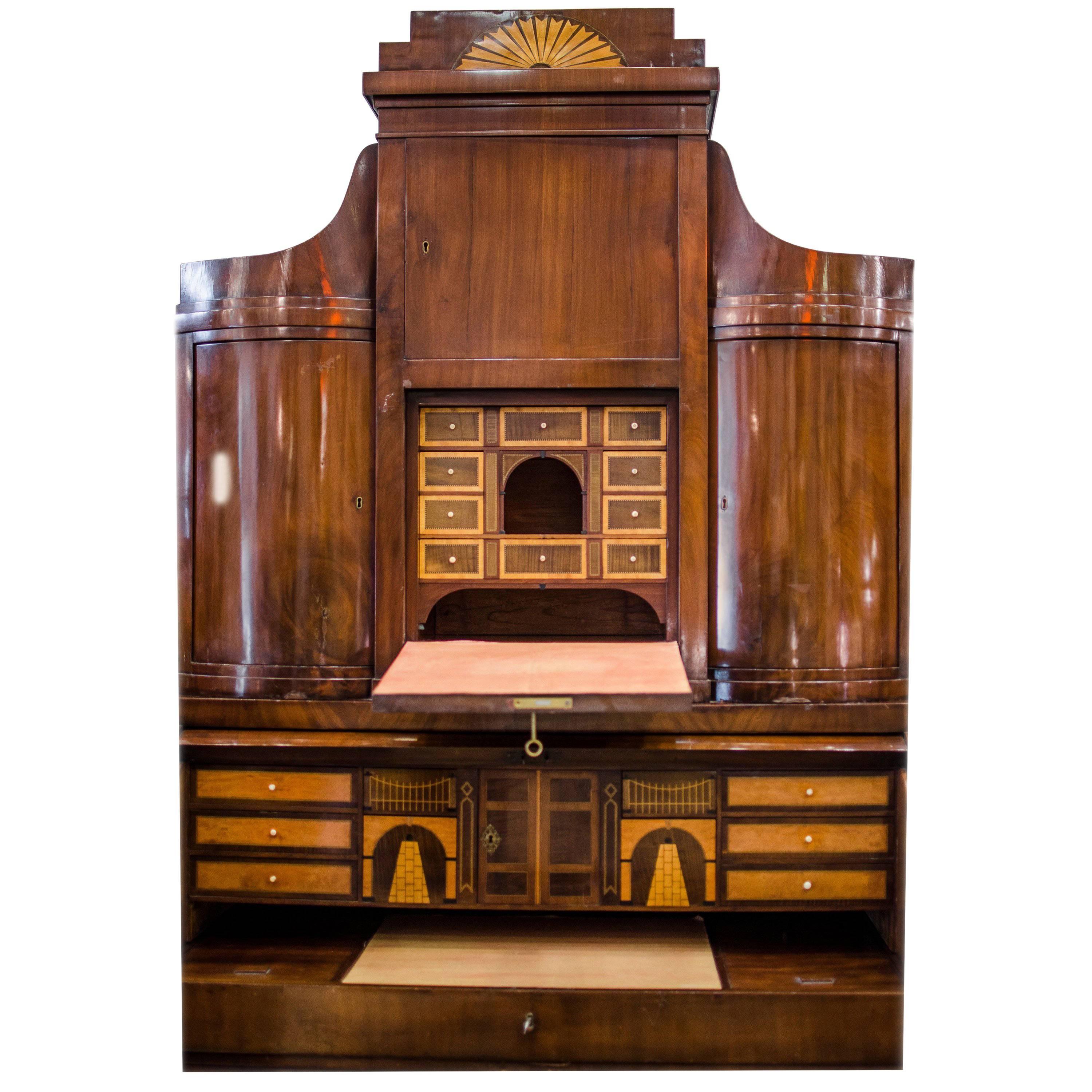 Biedermeier Mahogany and Lemon Wood Bureau Bookcase