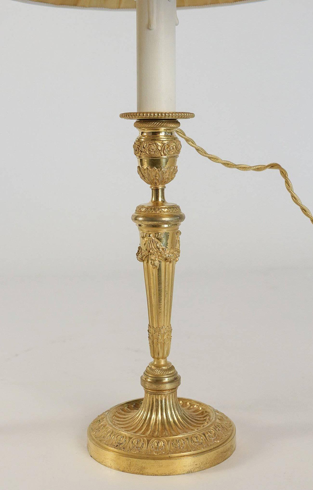 Pair of French Louis XVI Style Mercure Gilt-Bronze Candlestick Lamps, circa 1820 In Excellent Condition In Saint Ouen, FR