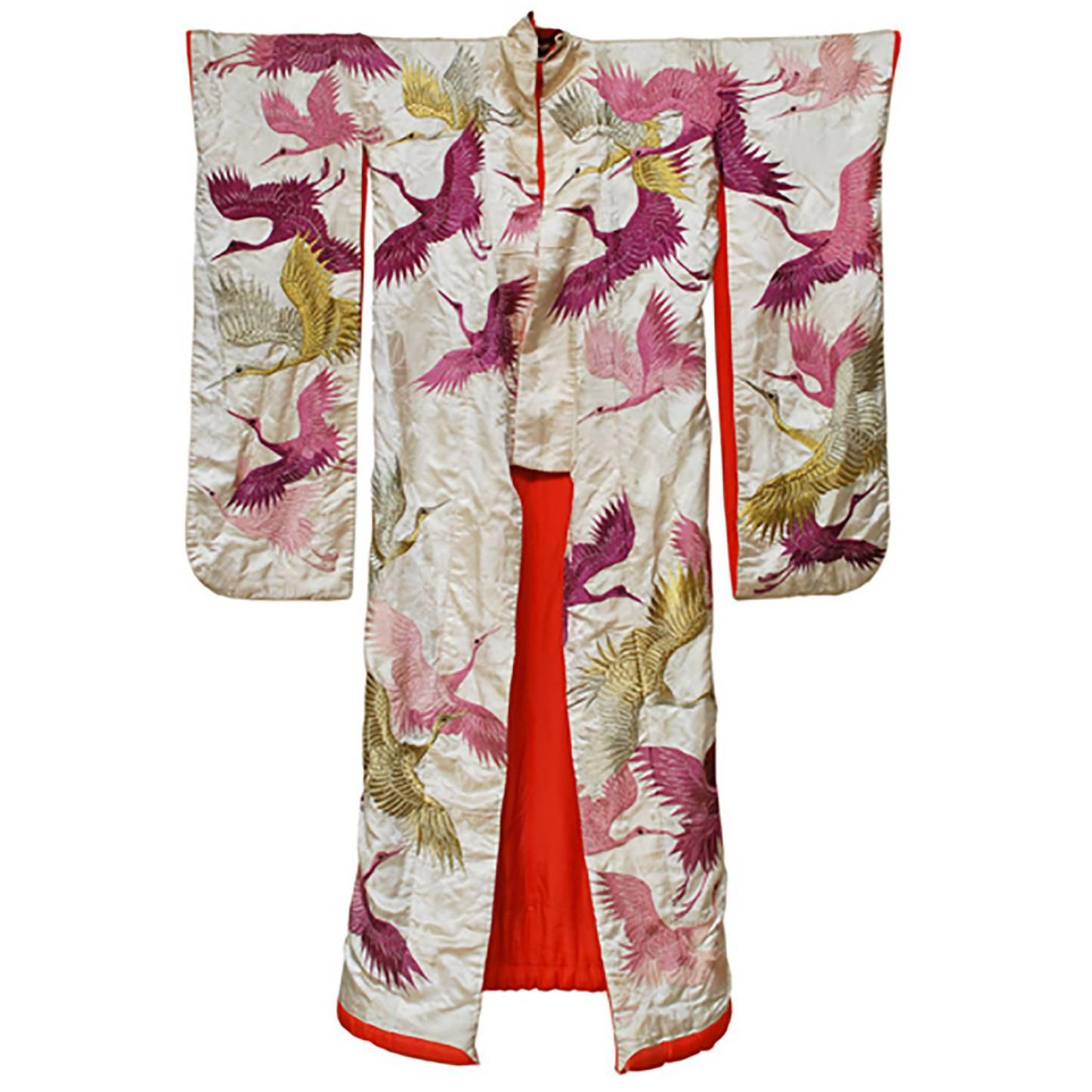 Japanese Embroidered Silk Wedding Kimono with Plum Cranes and Chrysanthemums