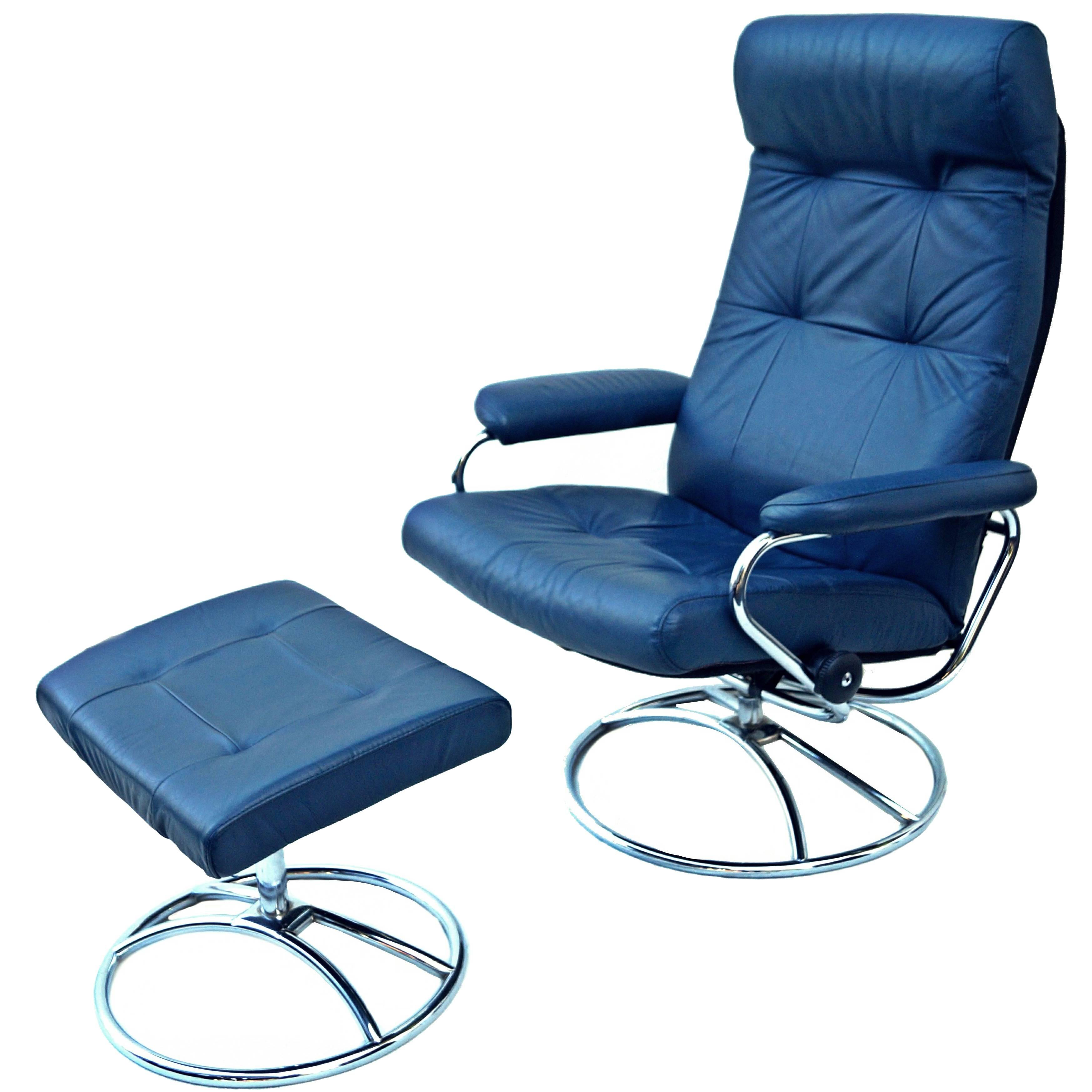 Ekornes Norwegian Blue Leather Lounge Chair and Ottoman