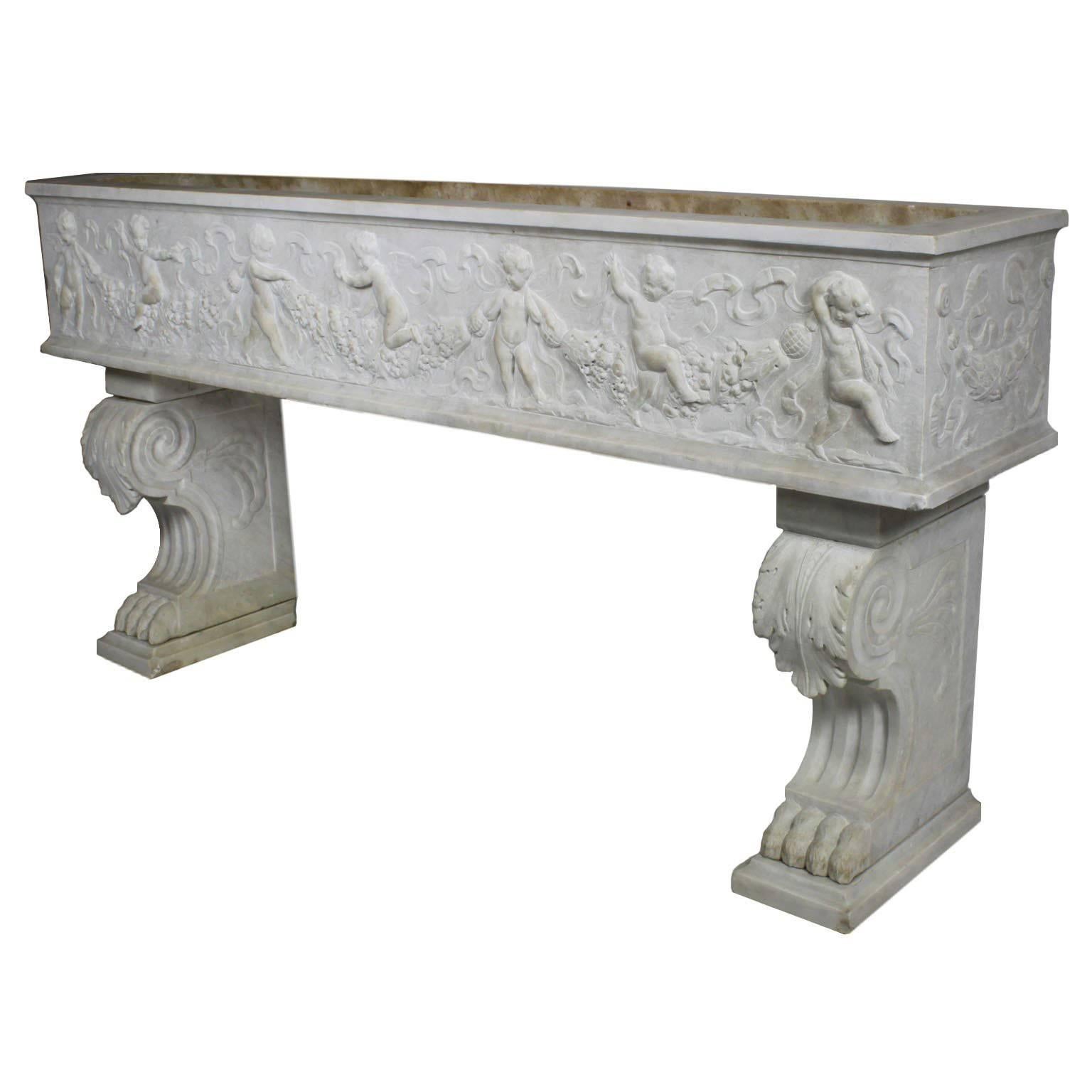 French 19th Century, Whimsical Rococo Style Marble Carved Planter with Cherubs
