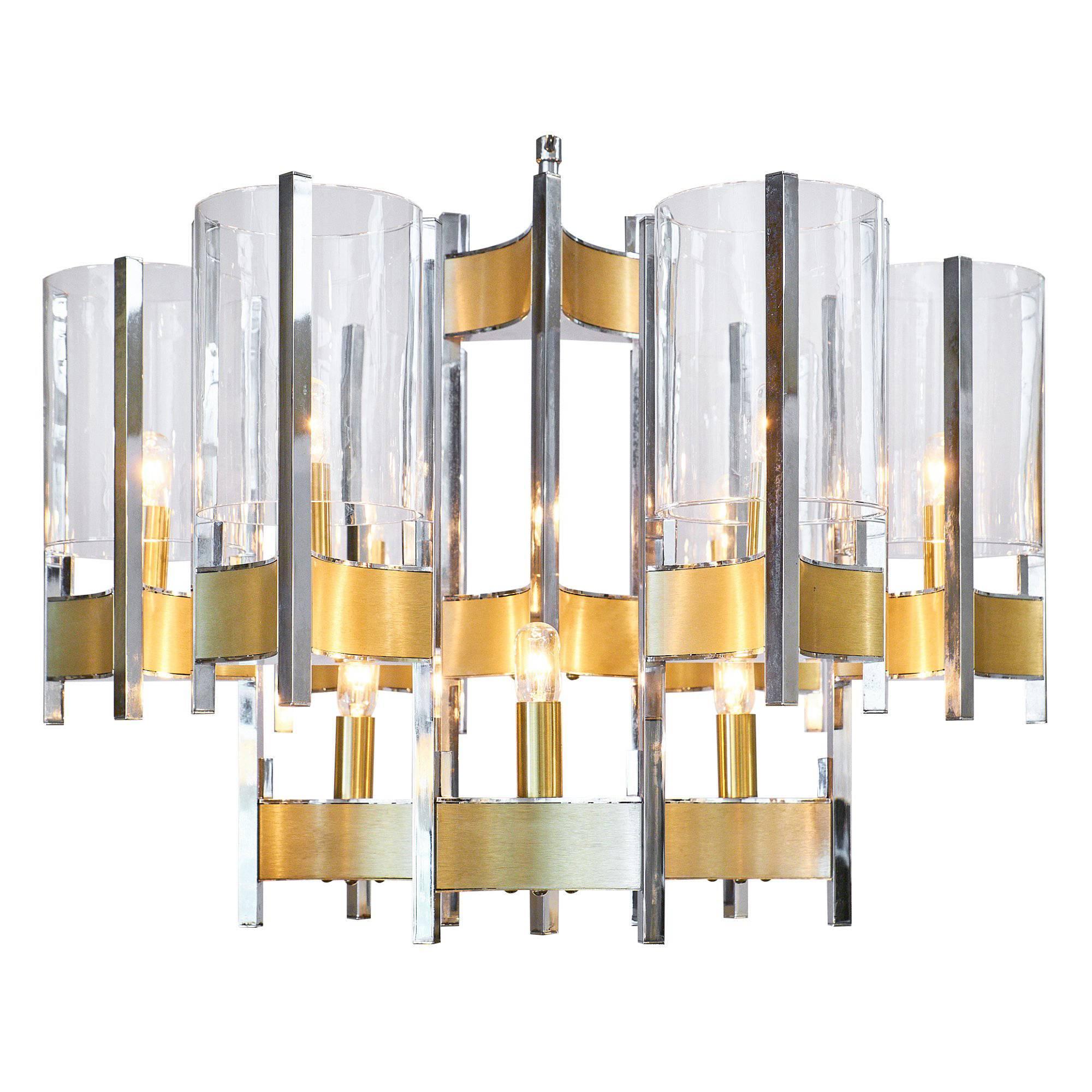 French Modernist Structural Chrome and Brass Chandelier