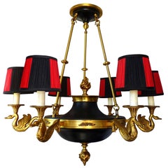 Splendid Gilt Bronze French Empire Style Chandelier with Six Swans Light Arms
