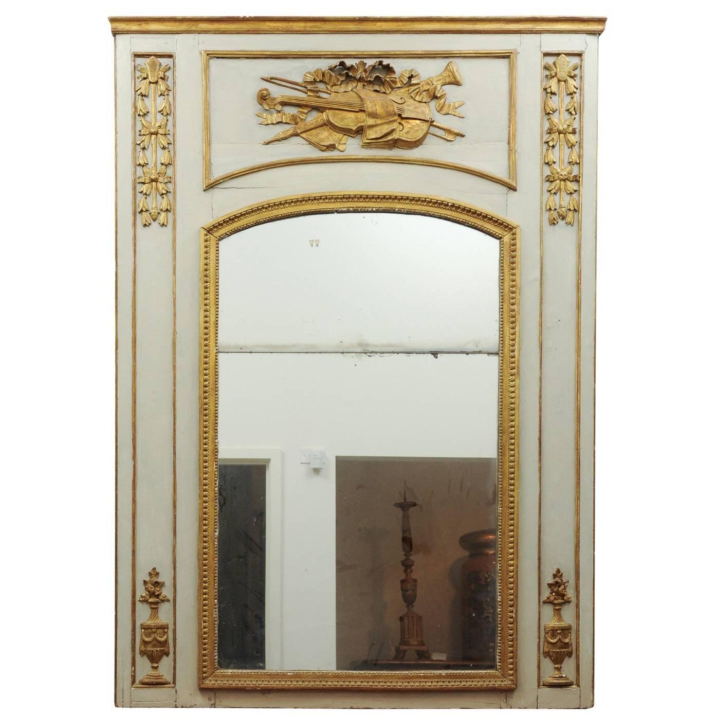 18th Century French Louis XVI Trumeau Mirror with Giltwood Musical Instruments