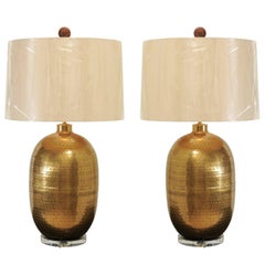 Dramatic Pair of Large-Scale Textured Brass Lamps, circa 1970