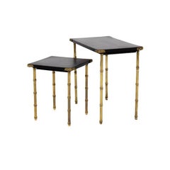Jacques Adnet Leather and Brass Nesting Tables