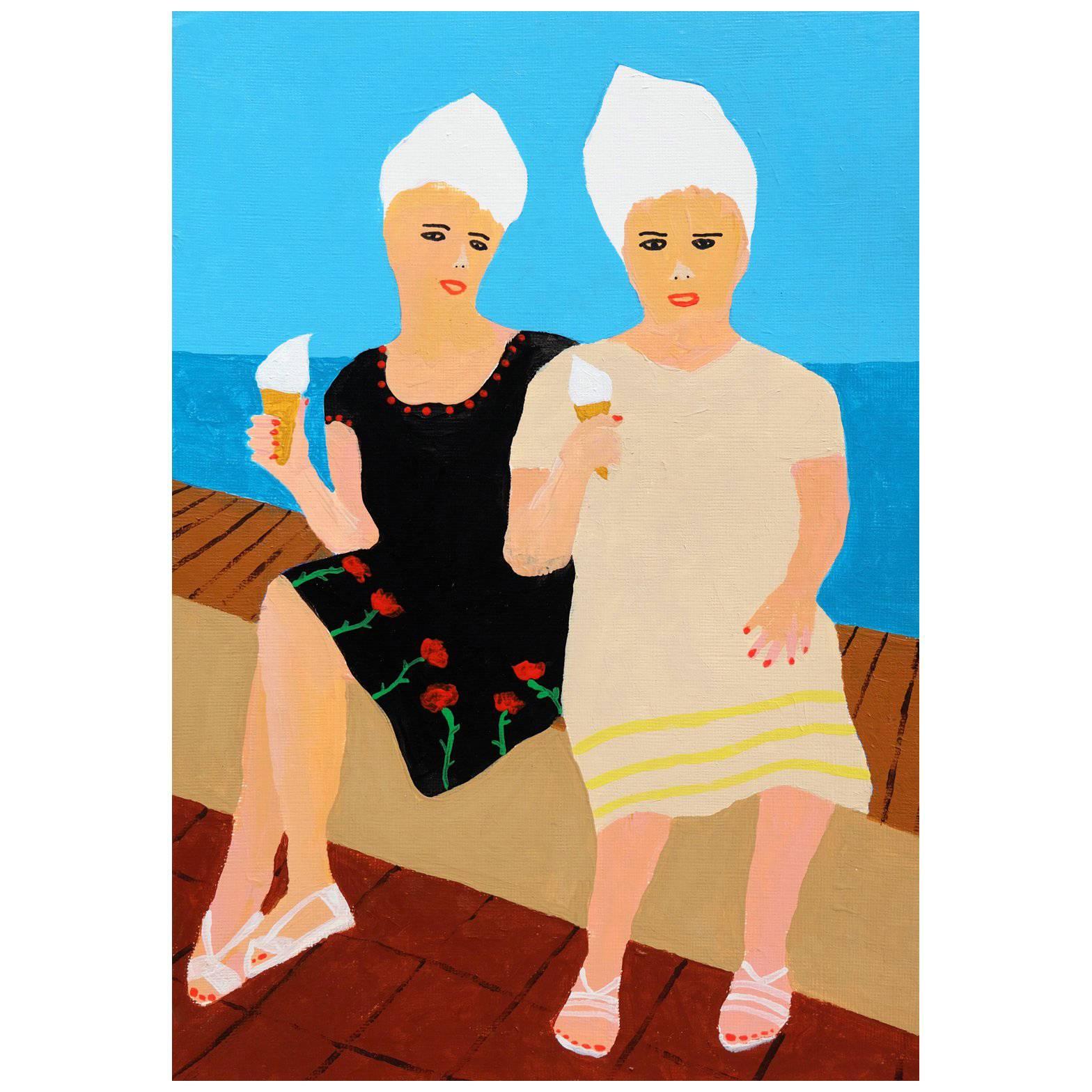 'Girls on Top' Portrait Painting by Alan Fears Acrylic on Paper Seaside