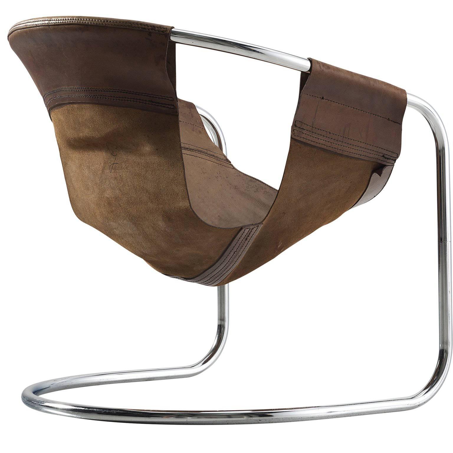 Clemens Claessen Ba-As Brown Leather and Tubular Chair