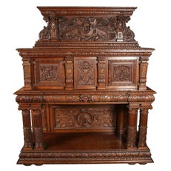 Antique 1890s Italian Renaissance Heavily Carved Tiger Oak Sideboard with Four Columns