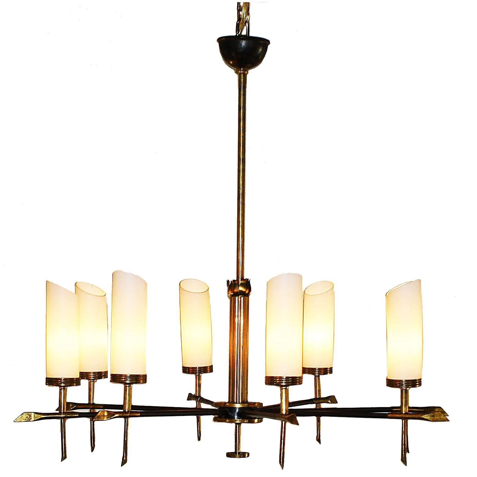 Black Metal and Brass Chandelier with Round Glass Shades, circa 1950