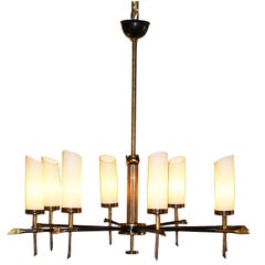 Black Metal and Brass Chandelier with Round Glass Shades, circa 1950