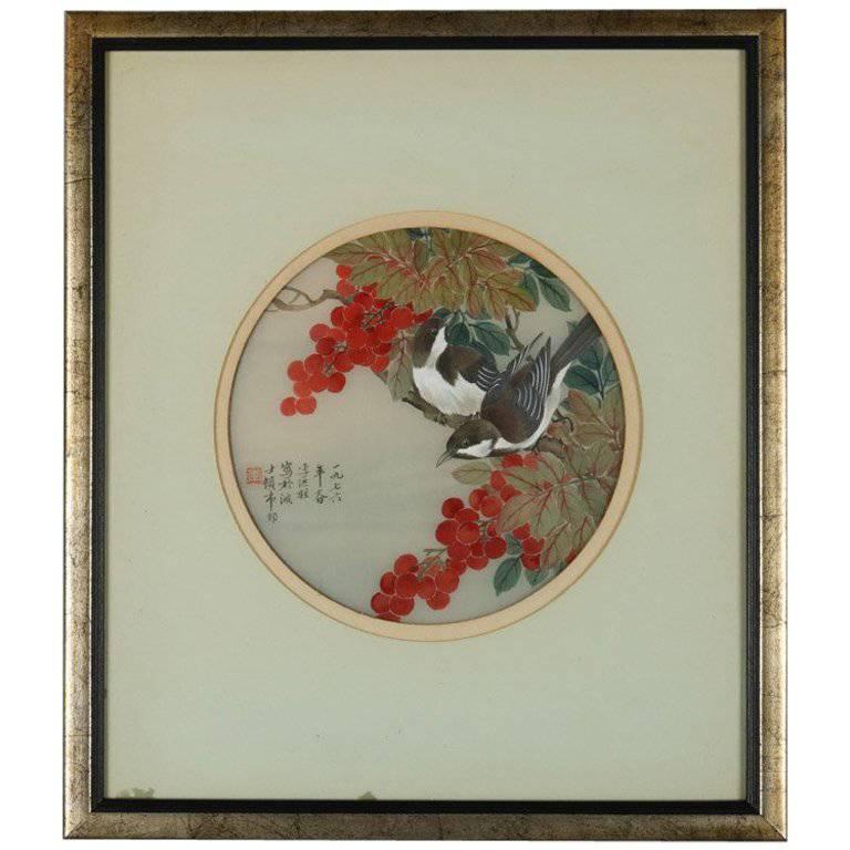Antique Chinese Style Painting of Birds & Berries, Chop Mark Signed