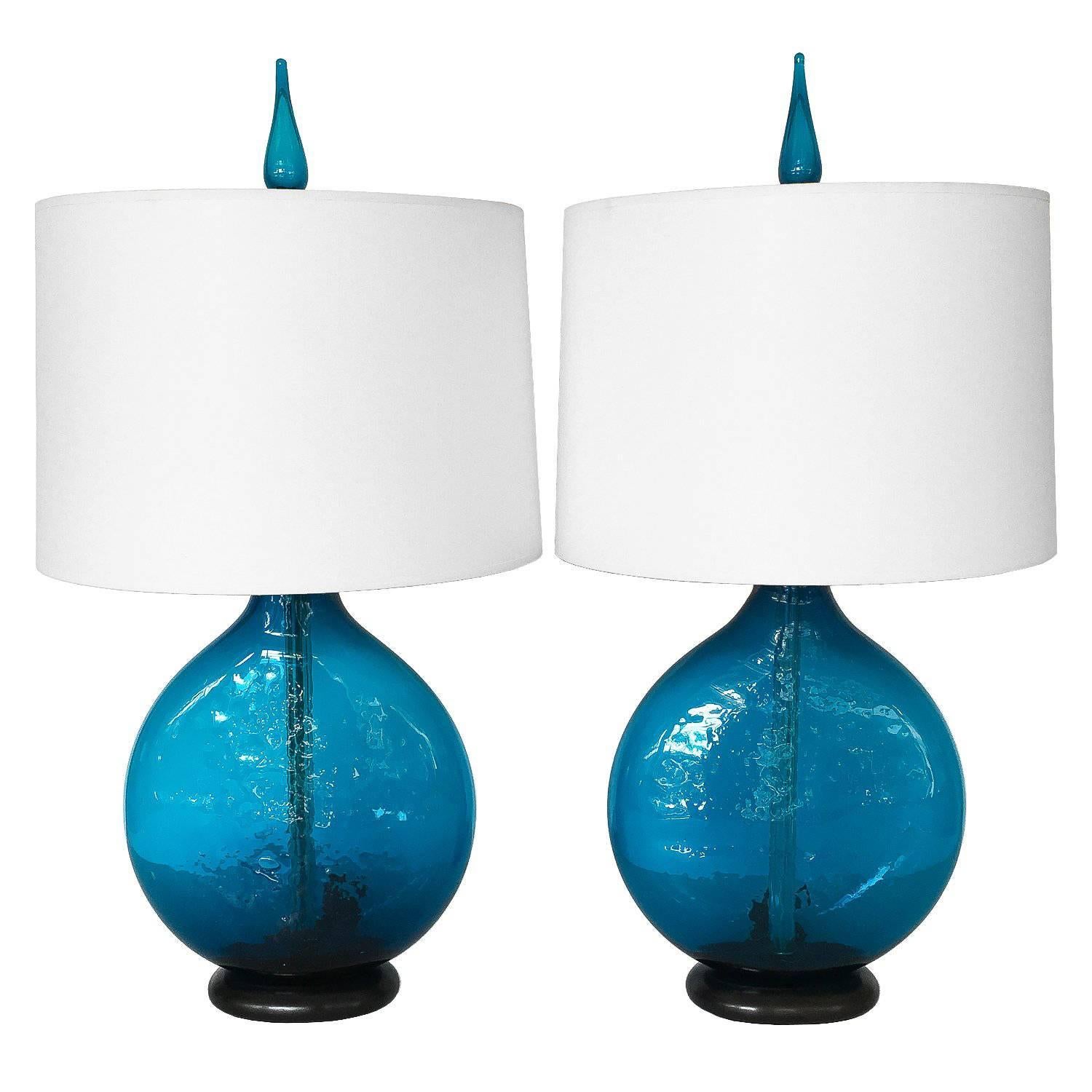 Pair of Wayne Husted Cerulean Blue Glass Tables Lamp for Blenko