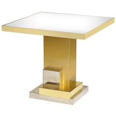 Brass 1970s, Geometric Dining Entry Table with Chrome Details Mirror Top, France