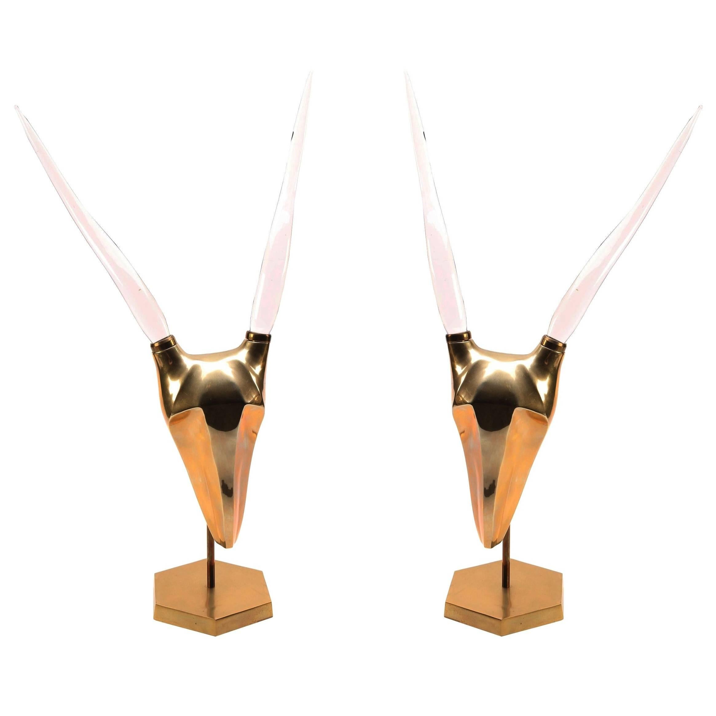 Pair of Lucite and Brass Ram Sculptures, circa 1970s For Sale