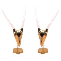 Pair of Lucite and Brass Ram Sculptures, circa 1970s