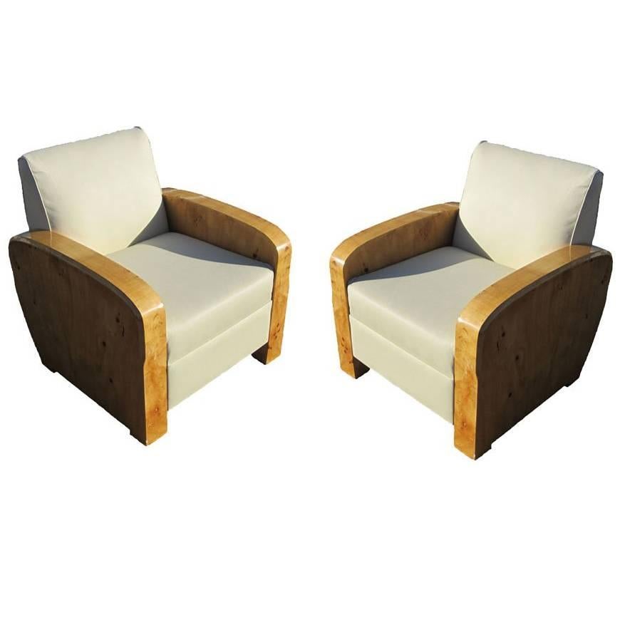 Pair of Burled Maple Art Deco Style Lounge Chairs