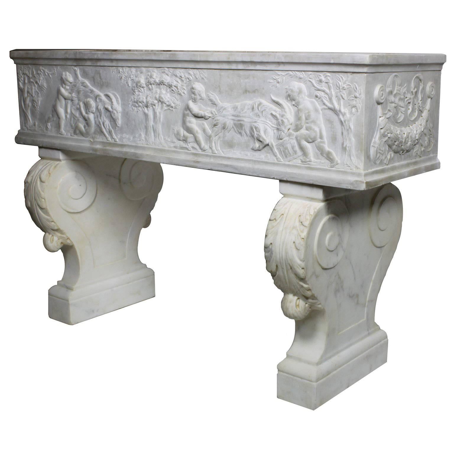 French 19th Century, Whimsical Rococo Style Marble Carved Planter with Children For Sale