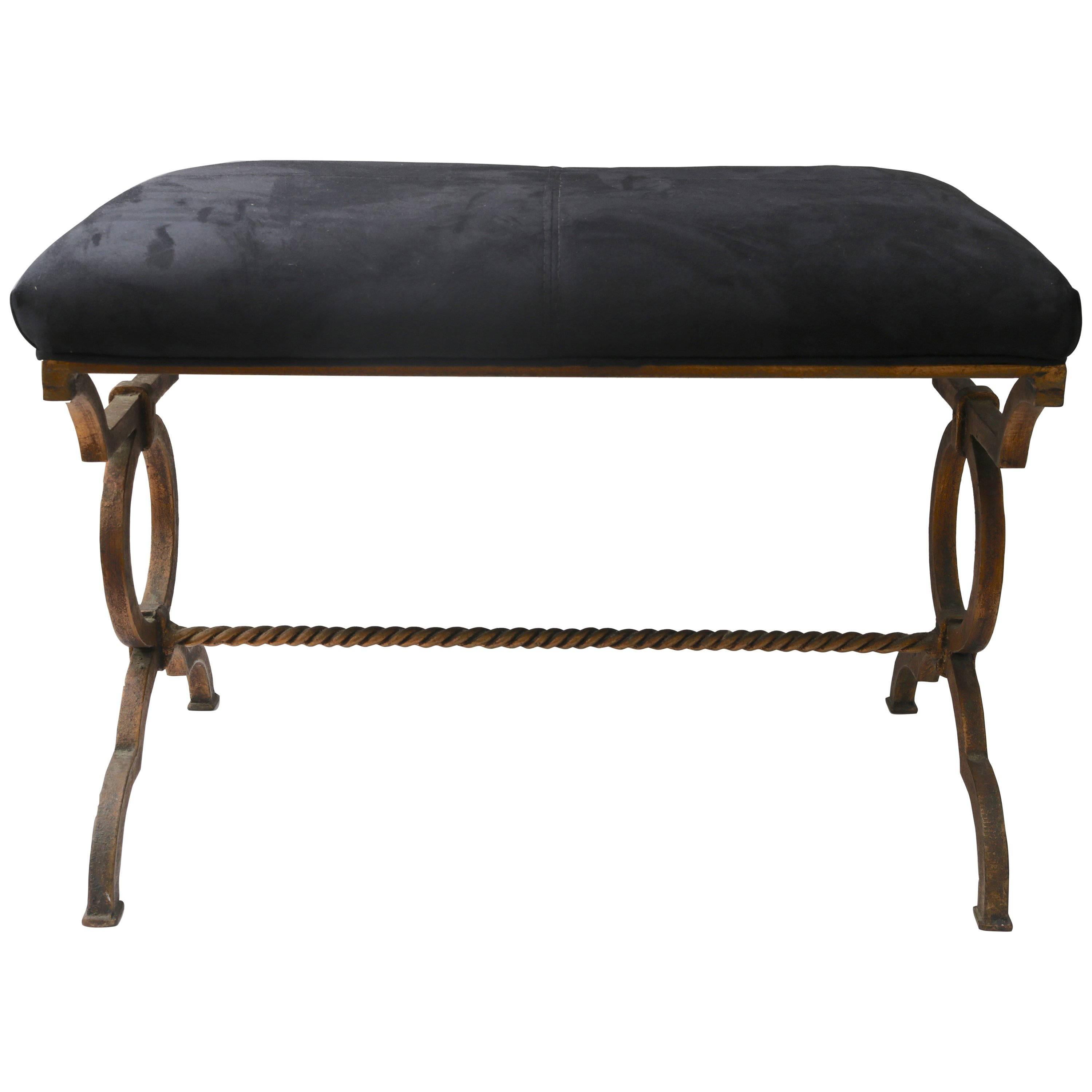 Gilt Gold Bronze Bench with Black Suede Upholstery
