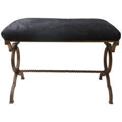 Antique Gilt Gold Bronze Bench with Black Suede Upholstery