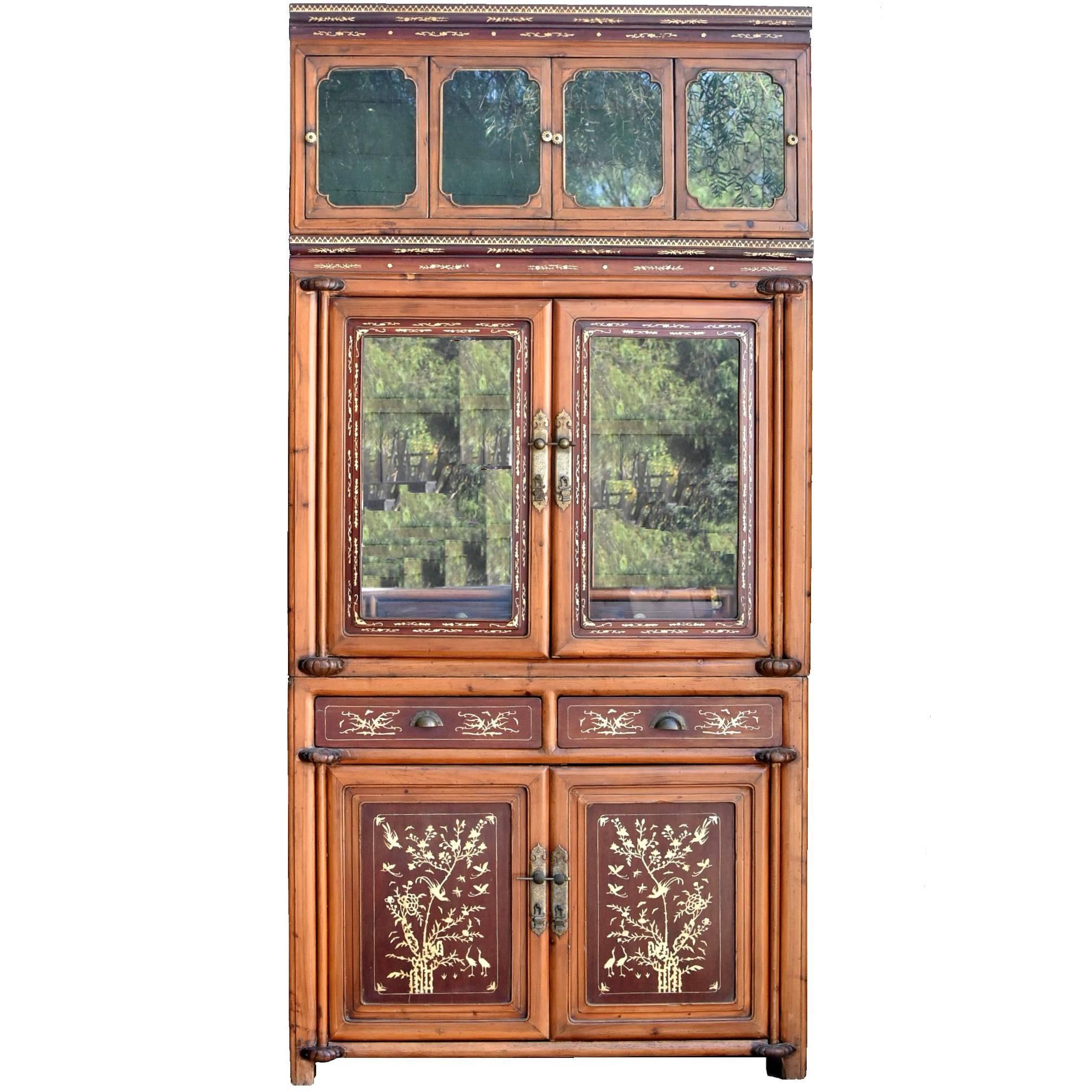 Antique Bone Inlaid Cabinet Chinese Glass Curio For Sale