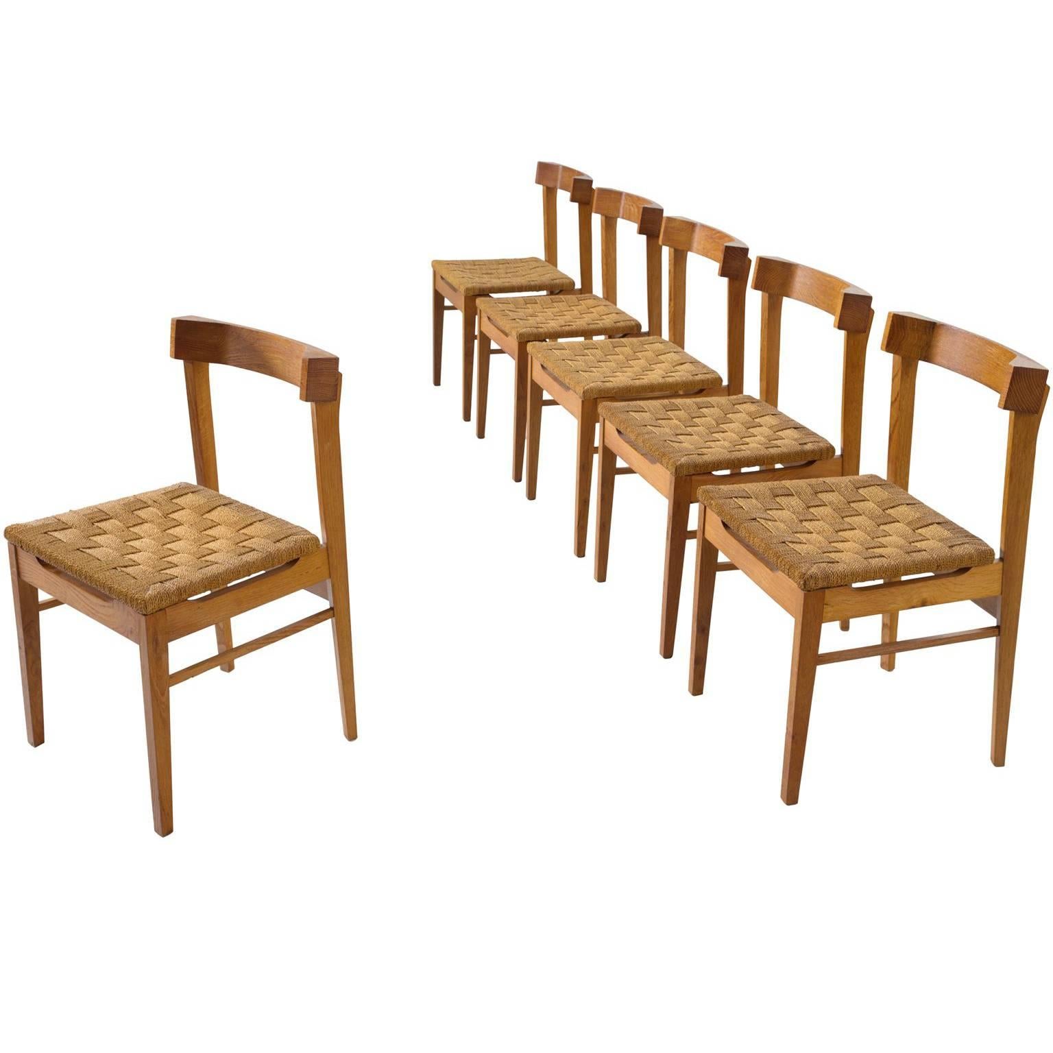 Set of Six Oak and Rope Dutch Chairs
