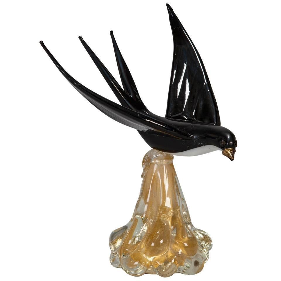 Mid-Century Murano Glass Blackbird on Gold Base