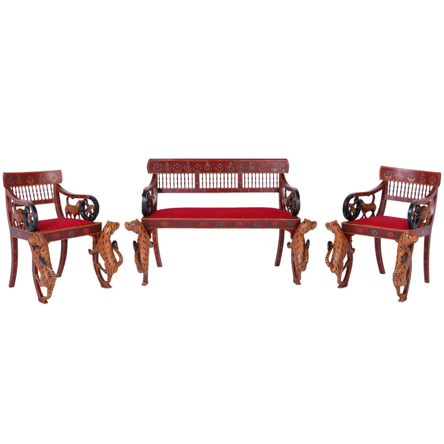 Rare Indian Carved Three-Piece Salon Suite with a Bench and Two Chairs