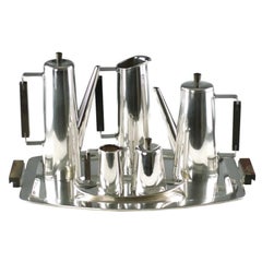 Modernist Sterling Silver and Rosewood Coffee or Tea Set with Tray