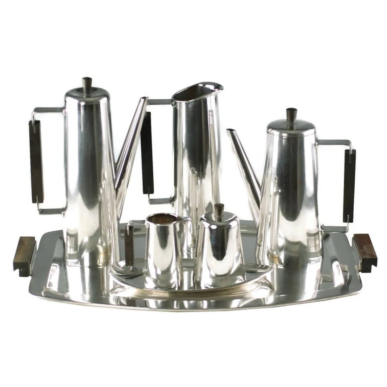 Modernist Sterling Silver and Rosewood Coffee or Tea Set with Tray For