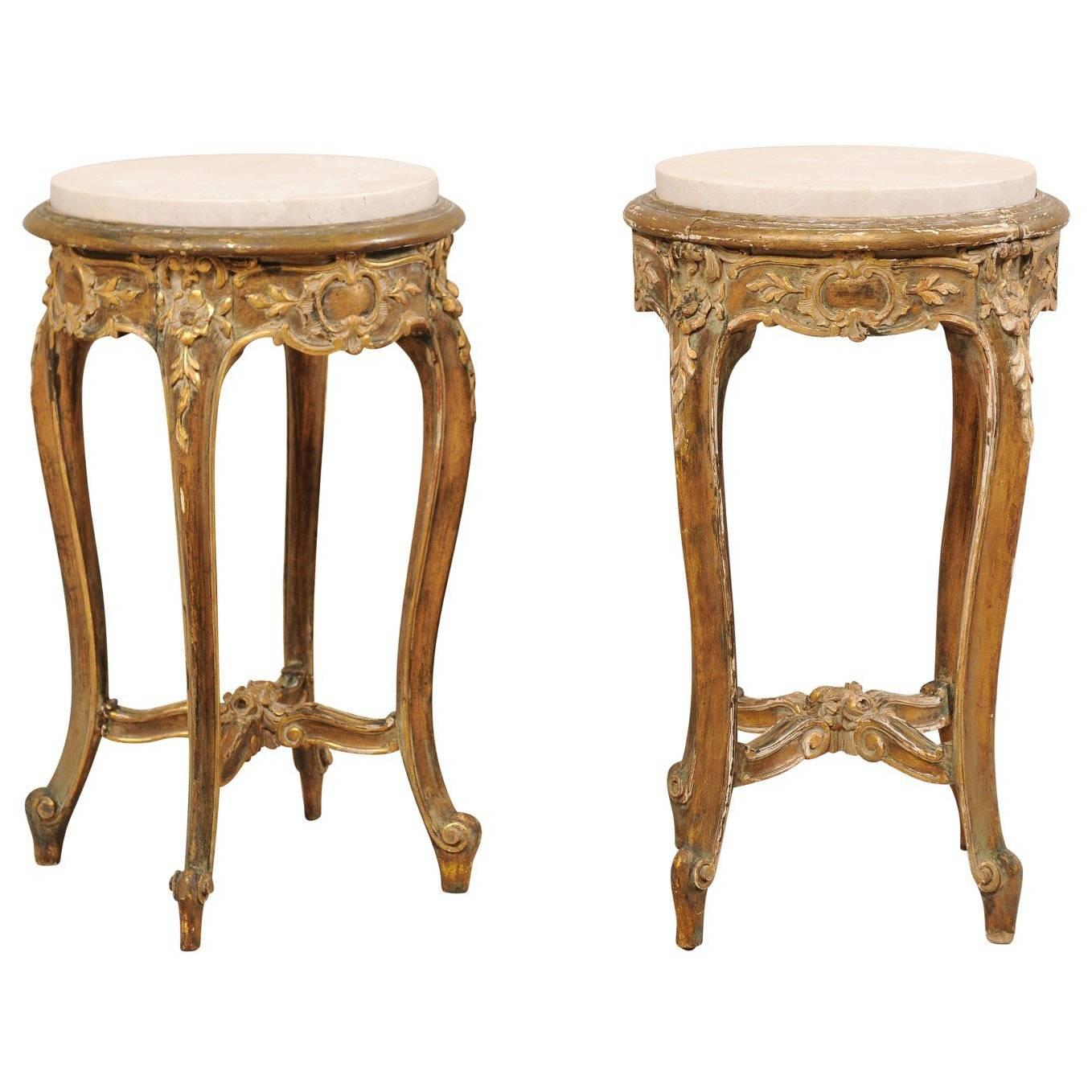 Pair of French Midcentury Carved Giltwood Round Marble-Top Occasional Tables