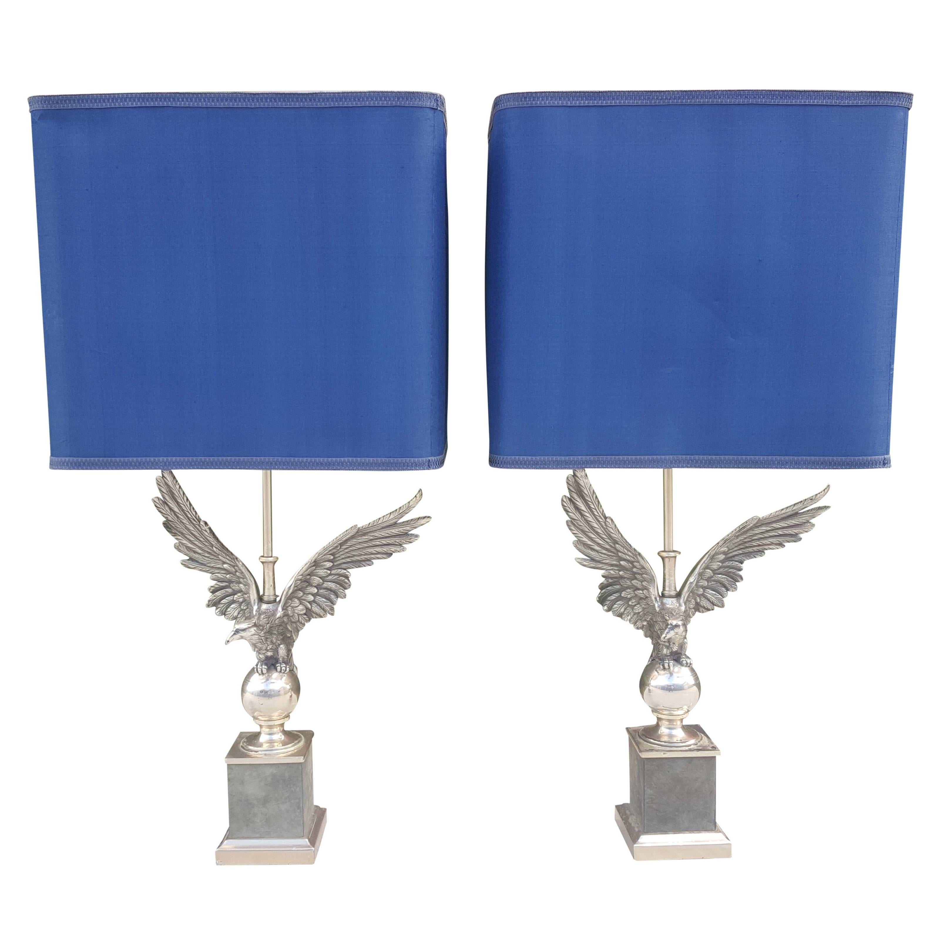 Pair of French Nickeled Bronze Eagle Table Lamps For Sale