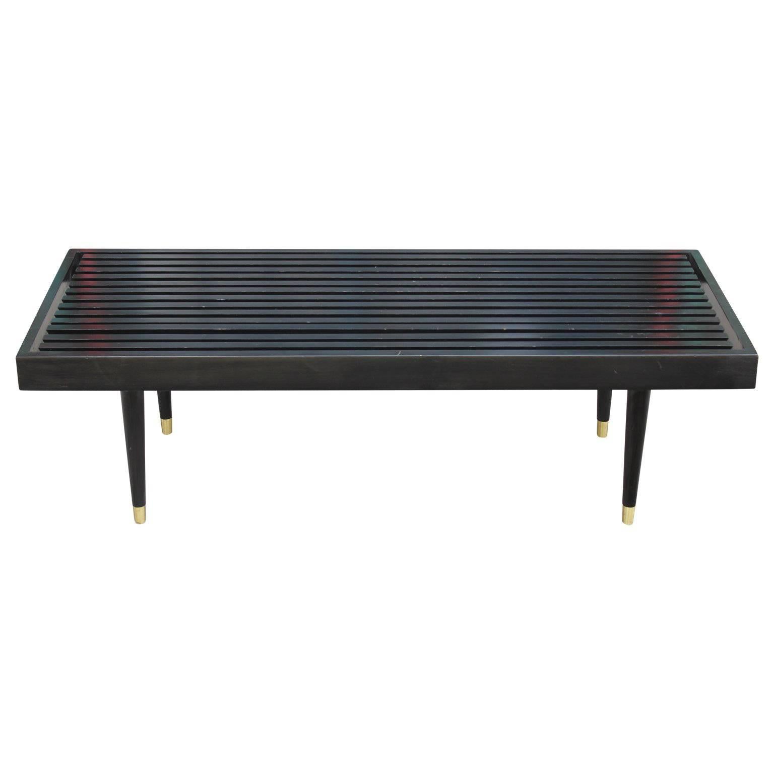 Mid-Century Modern George Nelson Style Black Slat Bench with Brass Feet