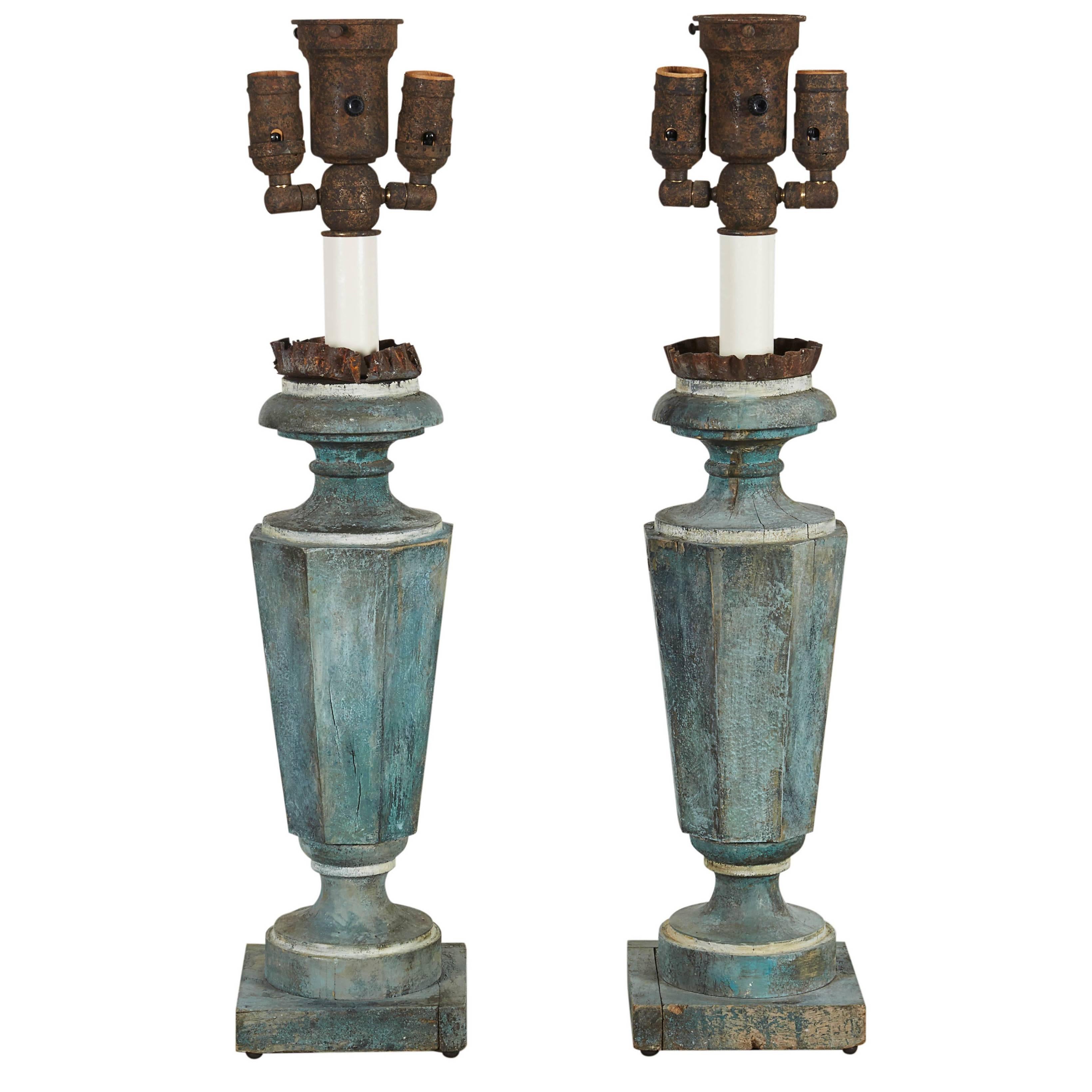 Pair of Blue-Painted Pedestal Lamps