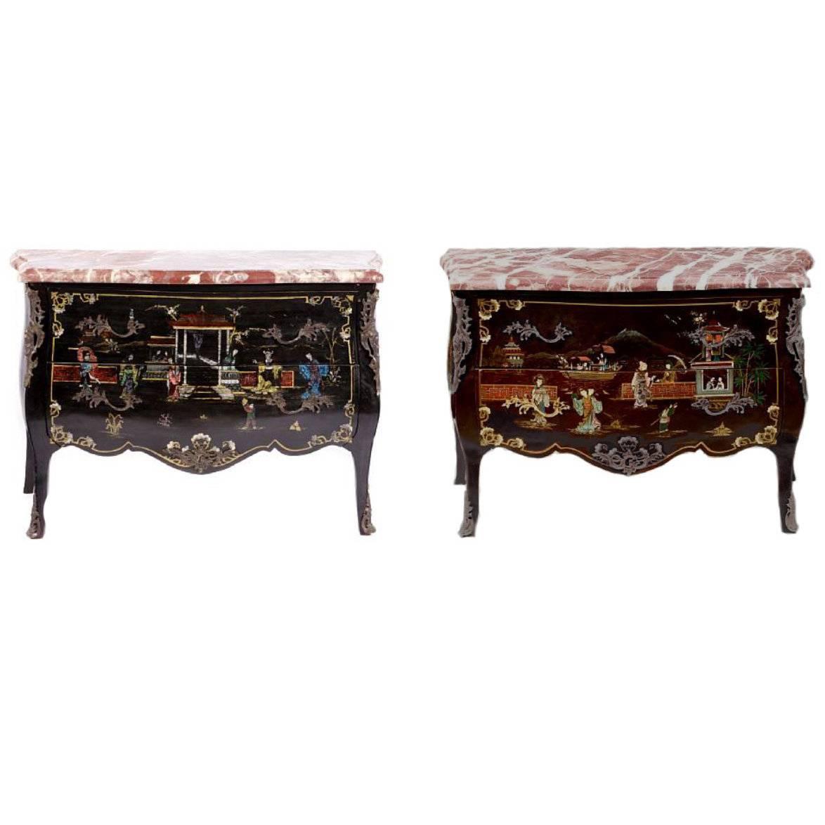 Pair of Louis XV Style Chinoiserie Marble-Topped Commodes