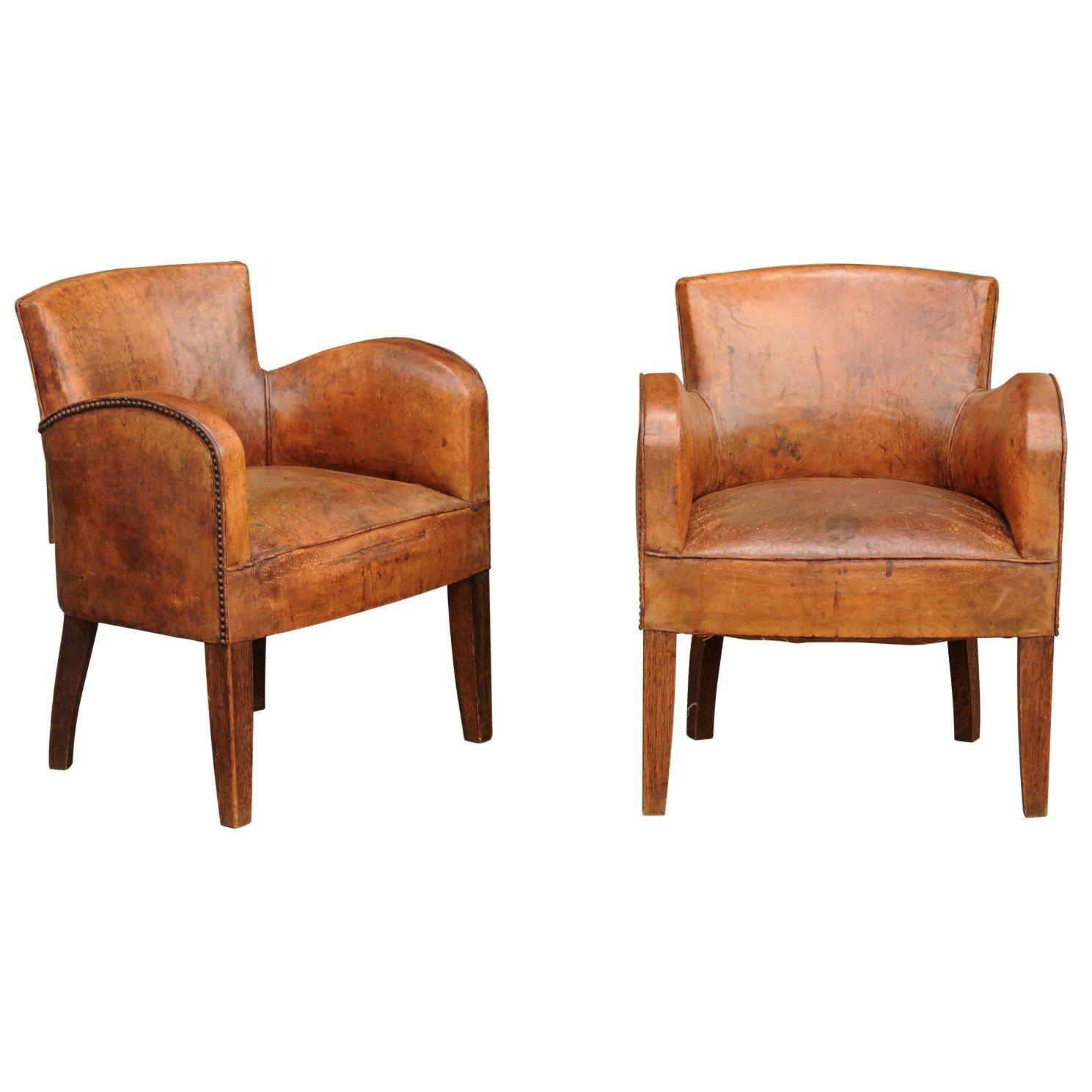 Pair of English Turn of the Century Leather Club Chairs with Nailhead Surround