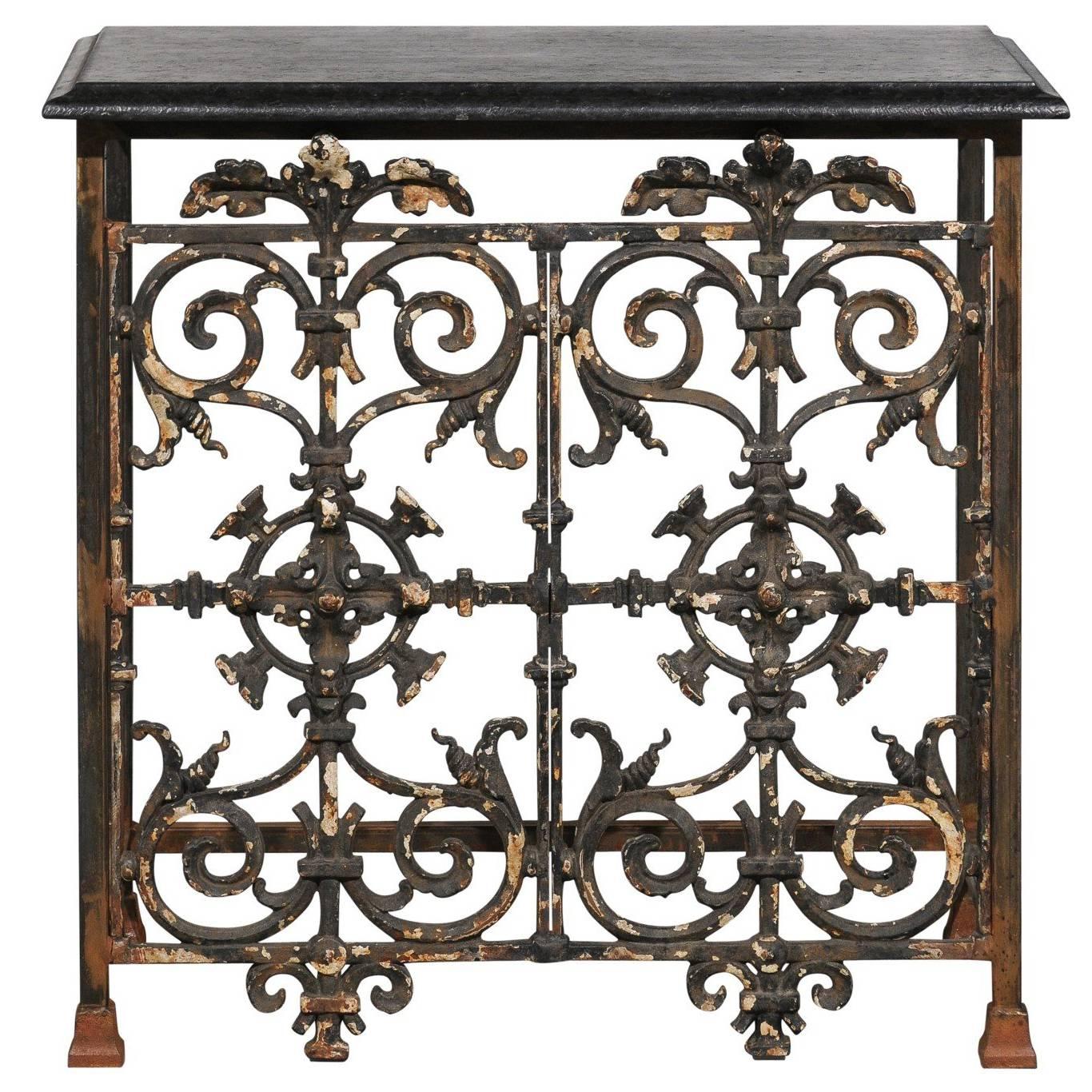 French Wrought Iron Console Table with Black Stone Top from the Mid-20th Century