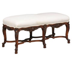 French Régence Style Carved Wooden Bench with Cabriole Legs and Cross Stretcher