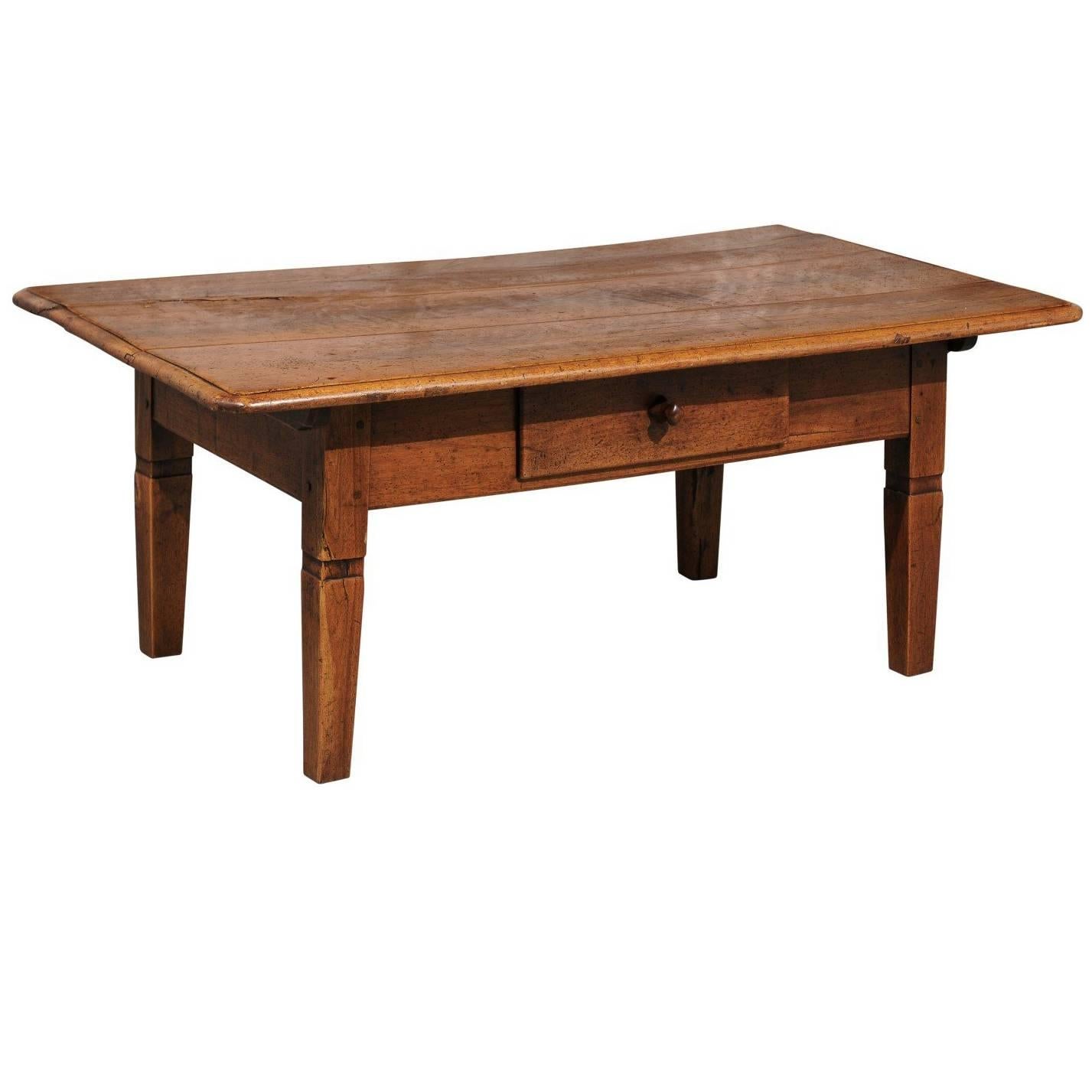 French Walnut Coffee Table with Single Drawer and Tapered Legs from the 1870s