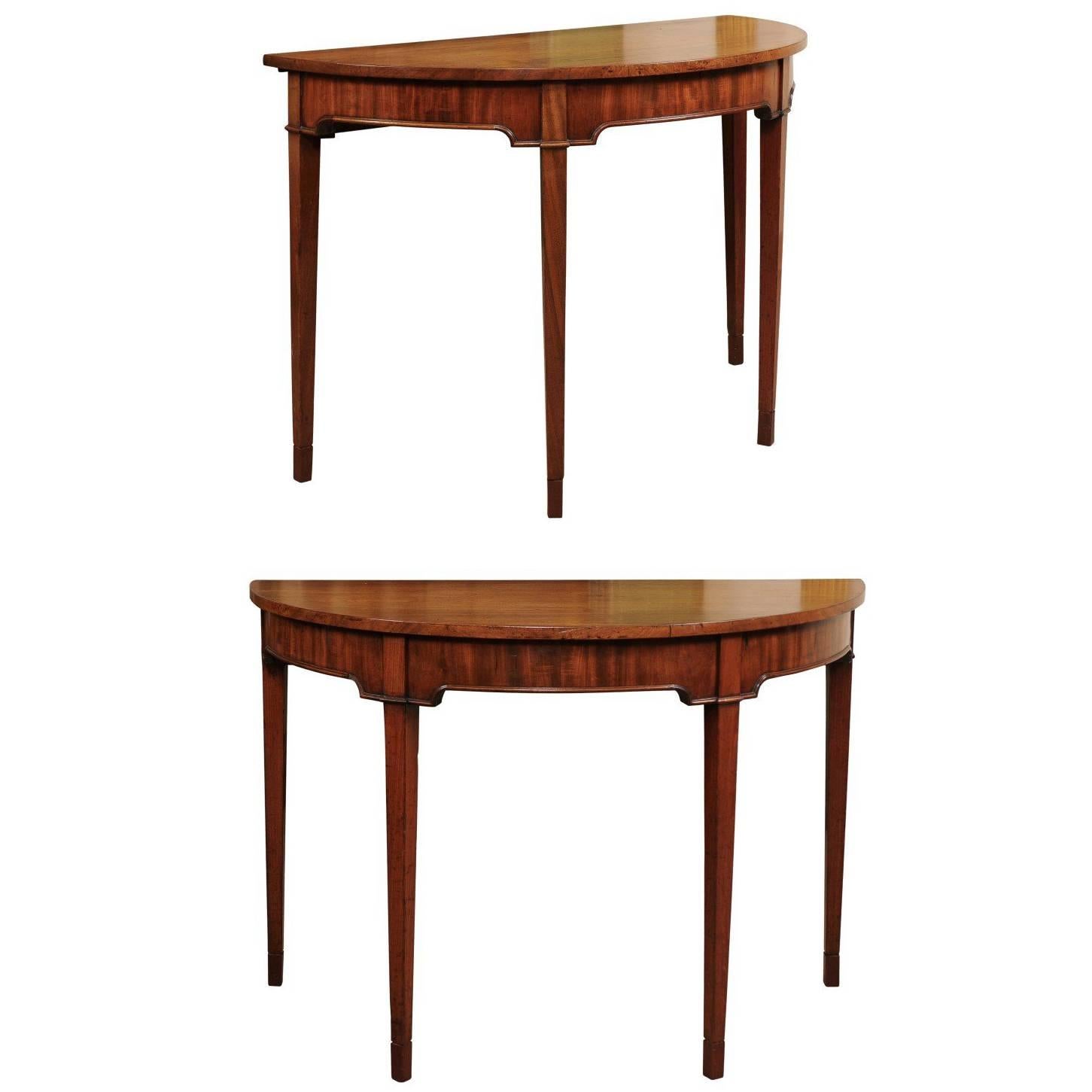 Pair of George III English Demi-Lune Console Tables in Mahogany