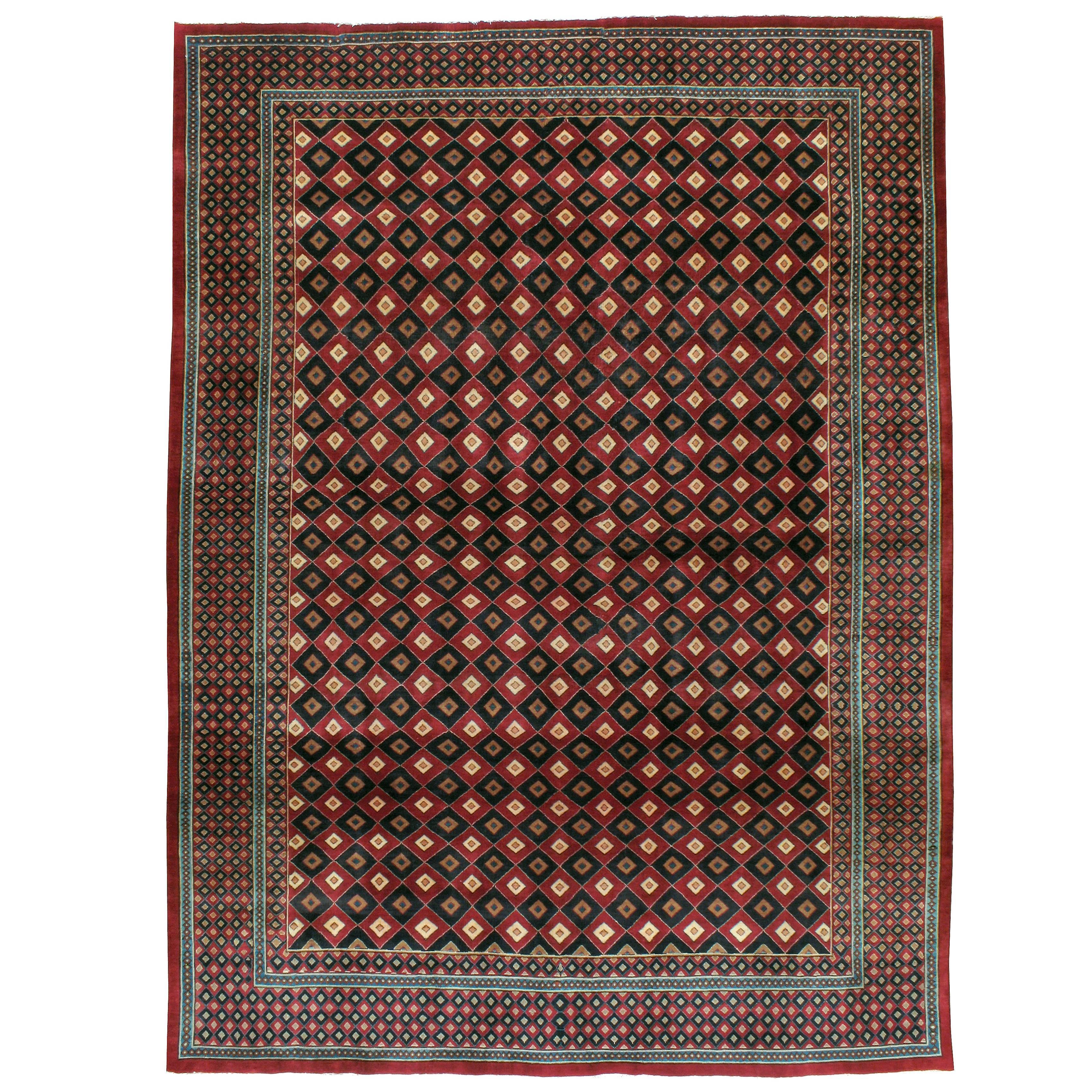 Vintage Mashad Art Deco Style Black and Red Rug For Sale
