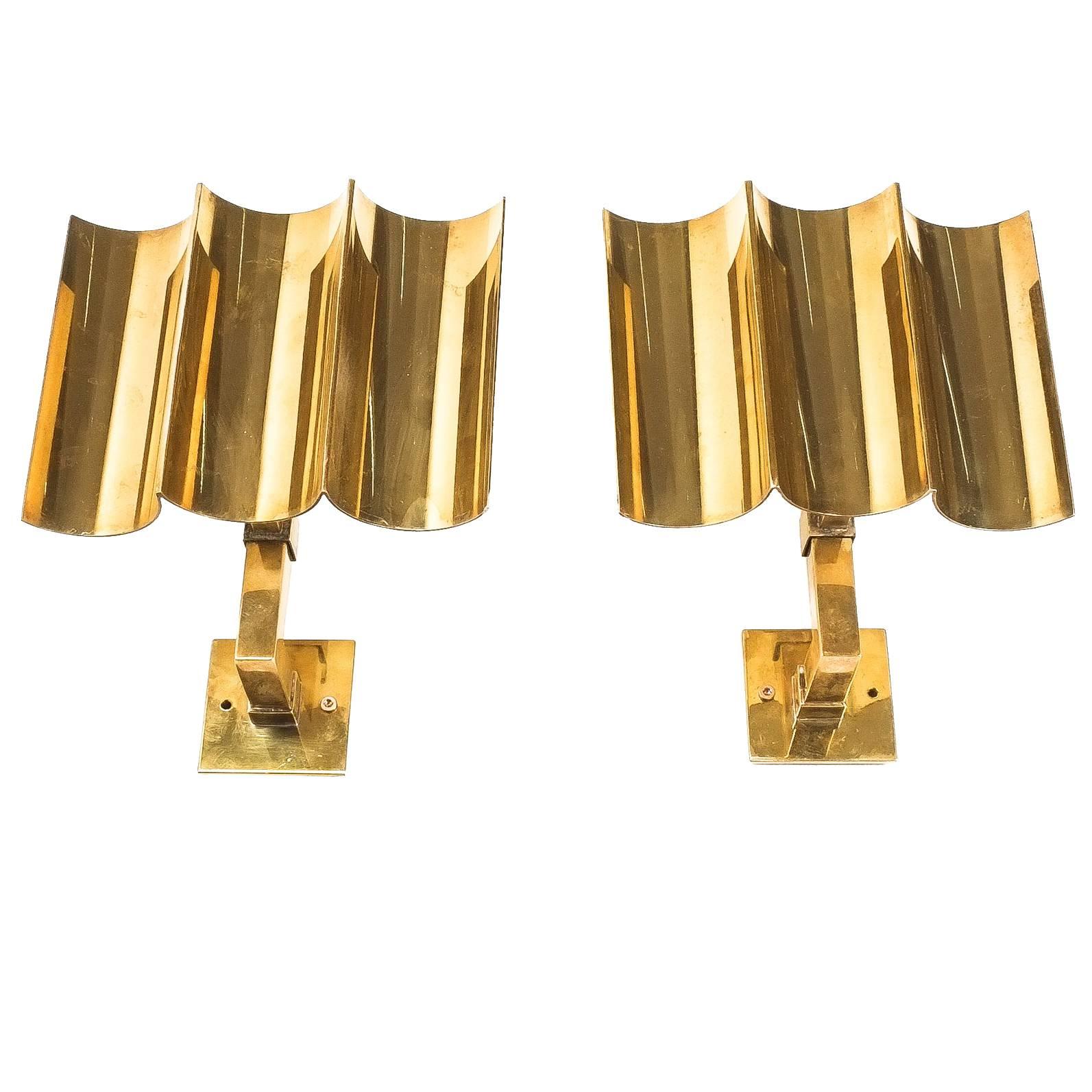 Artisan Solid Brass Wall Lamps Sconces Art Deco Style, France, 1950
