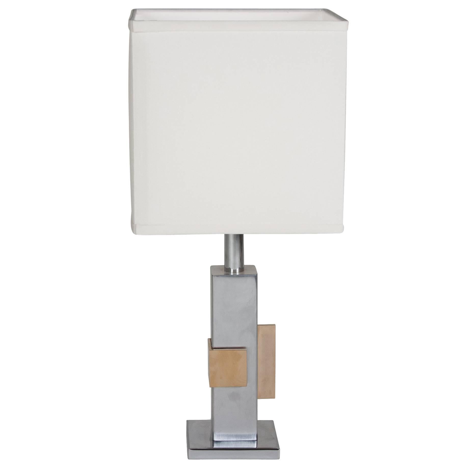 Geometric Chrome and Bronze Table Lamp, French, 1970s