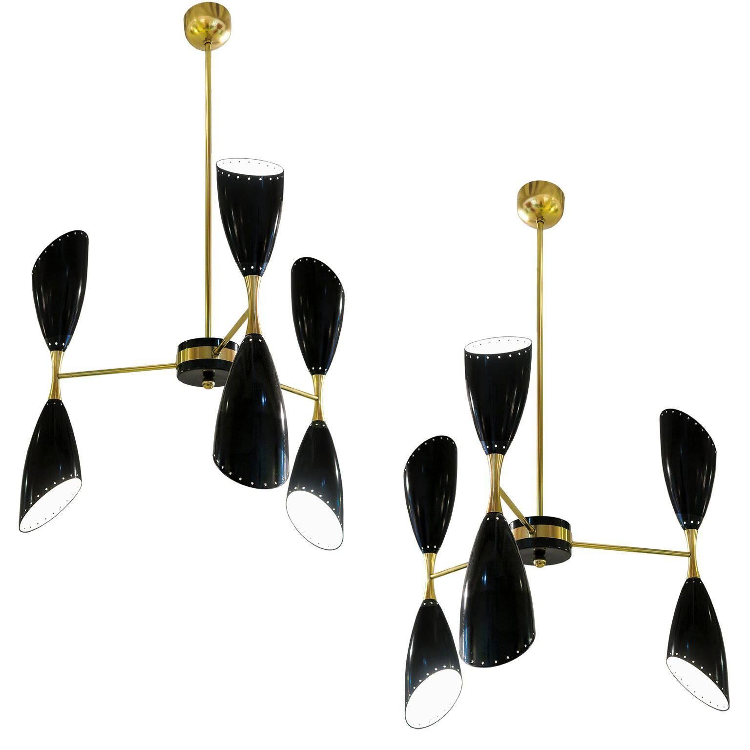 Pair of Italian Mid-Century Modern Three-Arm and Six-Light Chandeliers For Sale