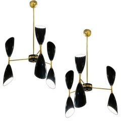 Pair of Italian Mid-Century Modern Three-Arm and Six-Light Chandeliers