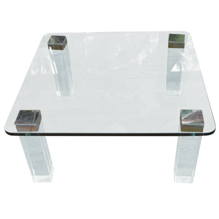 Table basse vintage en lucite et nickel poli avec plateau en verre
